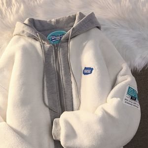 Kvinnors hoodies tröjor vinter lamm ull huva tröja kvinnor avslappnad tjock varma lösa vadderade jackor kappa hip-hop retro zip up lapptäcke hoodies 230222