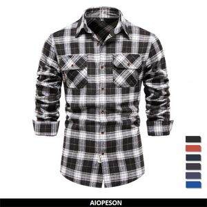 남성용 캐주얼 셔츠 AIOPESON 더블 포켓 플란넬 남성 격자 무늬 셔츠 긴 슬리브 소셜 비즈니스 셔츠 남성 가을 패션 체크 어트 셔츠 남성 230221
