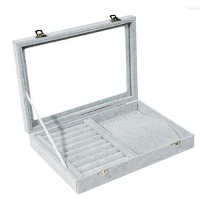 Schmuckbeutel Samt Vitrine Box Ohrring Ring Organizer Tablett Manschettenknopf Aufbewahrung Vitrine mit klarem Glasdeckel Grau