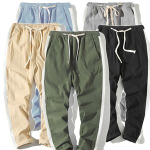 Calça masculina de verão listras brancas algodão casual e linho nove pontos harém de junção juvenil 230221