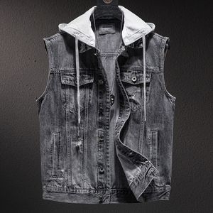 Men's Vests Plus size Short Denim Vest men Detachable Hooded Coat Spring summer Side pockets Sleeveless Jeans Jacket Tops4XL 230223