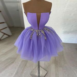 Krótkie sukienki z domu fioletowe kryształ seksowne suknie imprezowe bez ramiączek suknie balowe małe księżniczki urodziny mini promo