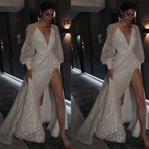 Shiny Glittler Bohemian A Line Wedding Dresses Deep V Neck Long Sleeve Bridal Gown High Side Split Beach Vestidos De Mariage 326