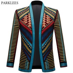 Men's Suits Blazers Vintage Colorful Embroidery Suit Jacket Blazer Men Velveteen Ethnic Style Striped Singer Stage Costume Casual Cardigan 230222