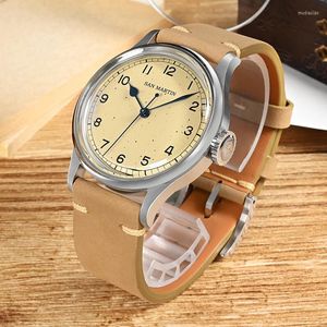 Kol saatleri San Martin 38.5mm Vintage Erkek Dalış Saati NH35 Otomatik Mekanik Deri Kayış 100m Su Geçirmez Saat
