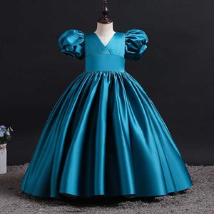 Abiti da ragazza Eleganti ragazze con maniche a sbuffo Orlo grande Vestito da festa in tinta unita Abiti da principessa Abiti per bambini Scollo a V Fiocco carino Abbigliamento da sposa Bambino Dres Z0223