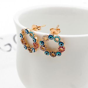 Kolczyki na stadninie Europejskie złoto okrągłe kolorowy cyrkon Flower Hoop Emalia Blue Eye Jelwelry Women
