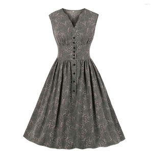 Casual Dresses Women Plus Size V-Neck ärmlöst Blomma Print Retro Party Dress Vintage Button Swing Ladies Summer Robe Vestidos