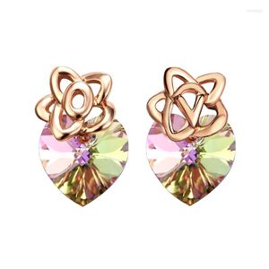 Stud Earrings COCOM 925 Sterling Silver Flower Rose Gold Fine Polishing Purple Heart Shaped Crystals From Austria Jewelry