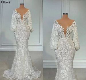 Abiti da sposa vintage a sirena a tromba maniche lunghe scollo a V Abiti da sposa in pizzo con applicazioni Plus Size Slim and Flare Boho Vestidos De Novia Abito da secondo ricevimento CL1900