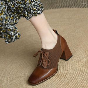 Dress Shoes Kanseet Spring Est Patchwork Women Pumps Square Toe Genuine Leather Handmade Brown Thick High Heels Ladies Plus Size 42