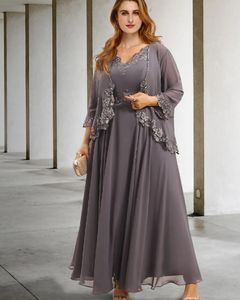 Двух кусочков A-Line Mother of the Bride Dress Grey Delodry Delocles V-nece Шифоновая кружевная свадьба платья для гостевой вечеринки 2023 vestido de festa plus size