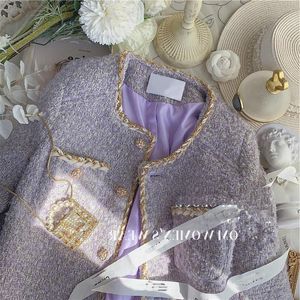 Giacche da donna piccole fragranti lavanda viola tweed cappotto corto autunno e cappotti di alto senso invernale giacca femmina cravatta 230223