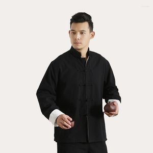 Camisetas masculinas de algodão, sólido casaco chinês de casaco tai chi camisa de manga comprida de deck duplo de uniforme