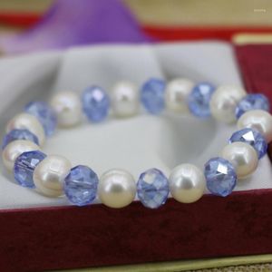 Strand White 10-11mm Natural Thread Pearl Pärlor Elastiska armband Kvinnor Blue Crystal Unique DIY Jewelry 7.5-tums B3130