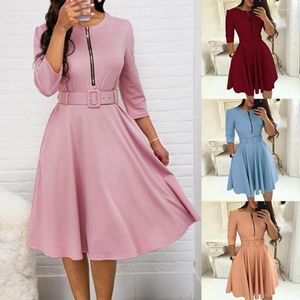 Casual Dresses Women Spring Dress Three Quarter Sleeves Solid Color with Belt Tight Midj A-Line Dressing Kne Length Zipper Lady Fall