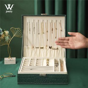 Schmuckschatullen WE Oversize Premium 2Lagen Leder Schmuck Organizer Box Halsketten Ohrringe Ringe Großer Aufbewahrungs-Make-up-Koffer mit Schloss für Frauen 230222