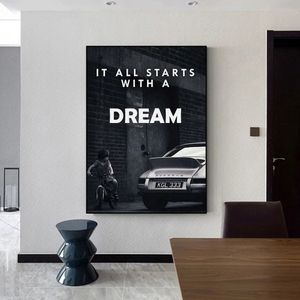 Poster, Wandkunst, dekorative Gemälde, Leinwand für Heimdekoration, Schwarz und Weiß, „It All Starts with a Dream Room“, Drucke, rahmenlos, Woo