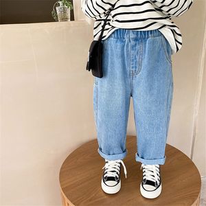 Jeans All-Match Straight Denim Pants Korean Style Boys Washed Cotton Jeans 1-7T Solid Color Fashion Toddler Girl Fall Clothes Wide Leg 230223