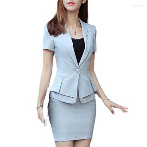 Tvådelklänning Novelty Black Grey Summer Short Sleeve Career Blazer och Ol kjol för Ladies Office Work Wear Uniforms Outfits