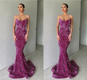 Plus Size Glamorous Mermaid Evening Dresses Spaghetti Straps Sequined Sweetheart Pleats Floor Length Formal Wear Celebrity Birthday Special Ocn Prom Dress