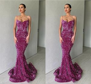 Glamorous Plus Size Mermaid Evening Dresses Spaghetti Straps Sequined Sweetheart Pleats Floor Length Formal Wear Celebrity Birthday Special Occasion Prom Dress