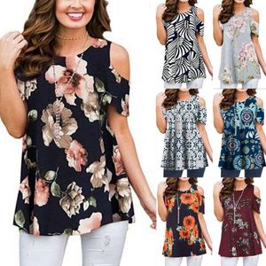 Women's T Shirts Cold Shoulder Size Casual Ladies Summer Womens Baggy T-Shirt Blouse Floral Tops