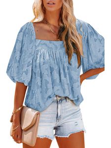 Women's Jackets LiTi 2023 Summer Style Square Collar Chiffon Flower Top Lantern Sleeve ShirtWomen's