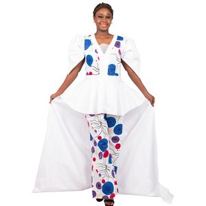 2 PCS -upps￤ttningar Party Dress Puff Sleeve Women Pant Set Dashiki Bazin Riche Tops and Trousers Set For Women African Party Women Clothing WY8100