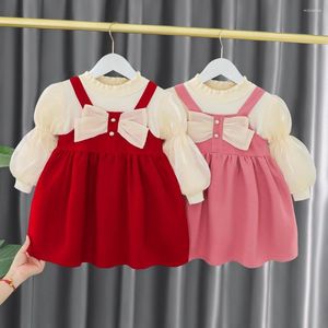 Vestidos de menina meninas doce inverno outono crianças vestido de princesa arco vestidos de manga comprida bebê infantes veludo t-shirt tops 2pcs roupas adk1985