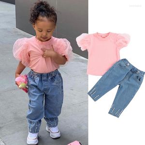 Clothing Sets 1-6years Girls 2pcs Casual Suit Pink Short Mesh Bubble Sleeve T-Shirt Tops Bead Loose Denim Pants Summer Suits