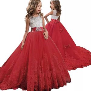 Abiti da ragazza Ragazza rossa Ricamo in pizzo Abito da festa di compleanno di Natale Abito da sposa in fiore Abiti da cerimonia per bambini per ragazze Vestiti per adolescenti 6 14 anni Z0223