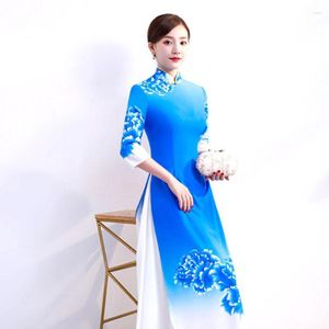 Ethnic Clothing 2023 Vietnam Aodai Cheongsam Dress Pants Set Traditional Elegant Floral Printing Qipao Party Gowns Vestido A101