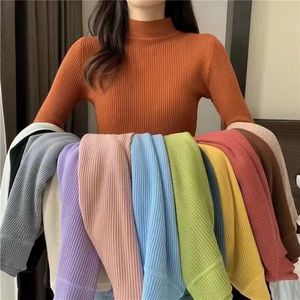 Mulheres tricô suéter de suéter de manga comprida camisa inferior