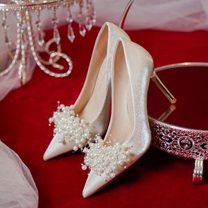 Dress Shoes French-Style Bride Bridesmaid Shoes White Pearl Stiletto Heel High Heels Wedding Shoes for Women zapatillas mujer 230223