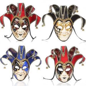 Full Face Men Women Venetian Theatre Jester Joker Masquerade Mask med Bells Mardi Gras Party Ball Halloween Cosplay Mask Costume 278e