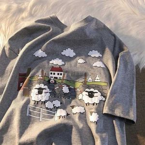 Kadın T-Shirt% 100 Pamuk Japonya Karikatür Bulut Koyun Anime T Shirts Kawaii TOPS TOPLAR Vintage Lacivert Gri O boyun büyük boy Tees Harajuku L230223