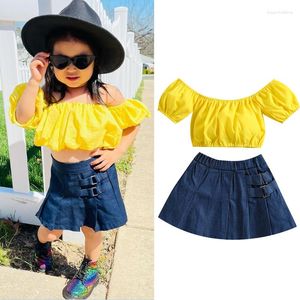 Clothing Sets 1-6 Years Girls Summer Clothes Solid Color Off Shoulder T Shirts Crop Tops Denim A-Line Skirts 2pcs Fashion