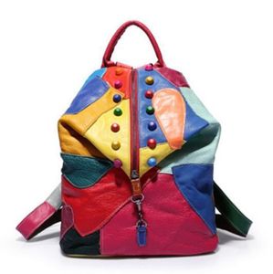 Sacos de cintura Marca retro Backpack de couro genuíno Sheepskin Lady Designer Travel Travel Colorful Patchwork Shopper Bag Mochila 230223