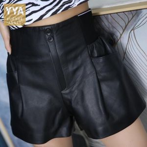 Damen-Shorts, Sommer, Damen, natürliches Schaffell, weites Bein, lässig, elastisch, hohe Taille, Flare, kurze Hose, Streetwear, echtes Leder, 230222