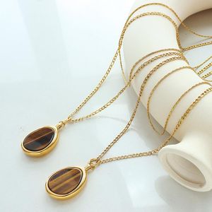 Kedjor mode 316l rostfritt stål smycken 18k guldpläterad tiger ögonstenar pendants 2 lager krage halsband för kvinnor kedja