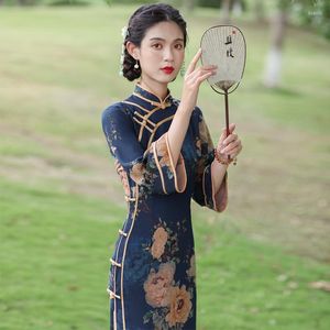 Ethnische Kleidung Herbst chinesische Vintage verbesserte Qipao Kleid alte Shanghai Mandarin Kragen schlanke Pfingstrose Druck Langarm Cheongsam