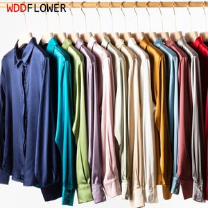 Bluzki damskie koszule 95% Mulberry Silk 5% Spandex 19 Momme Satin Silk Buttons Down Długie rękawie Koszula Top Blouse Office Prace M L XL MM161 230223