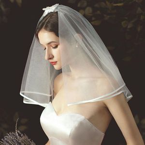 Bridal Veils Women podwójny tiul Tiul Krótki zasłonę romantyczne słodkie satynowe wstążki