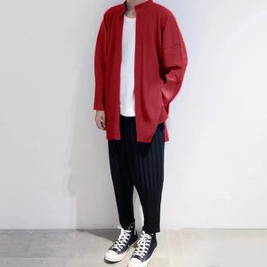 Herrvästar Miyake veckade lång kappa 2023 mode casual liten polo krage blazer cardigan singel breasted jacka 230223