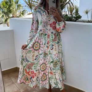 Casual Dresses Regular Turn-down Collar Women Knee Length Button Printing Polyester Long Sleeve Floral Woven Spring/Autumn A-Line Bohemian