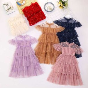 Flickans klänningar Girl Tulle Fairy Dress Fly Sleeve Star Moon paljett Mesh Princess Dress Children Puffy Cake Dress Elegant Birthday Party Vestidos Z0223