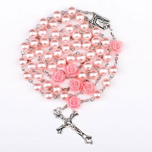 Anhänger Halsketten Rosa Rose Kristall Rosenkranz Halskette Katholisches Vintage Kreuz Lange Religiöser Schmuck 2023