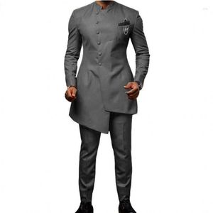 Men's Suits Style Men Dark Grey Groom Tuxedos Mandarin Lapel Groomsmen 2 Pieces Wedding Man ( Jacket Pants Tie ) C984
