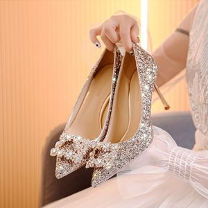 Dress Shoes Gold wedding shoes wedding bridal shoes bridesmaid crystal shoes ladies sequins high heels women's stiletto fashion shoes 230223